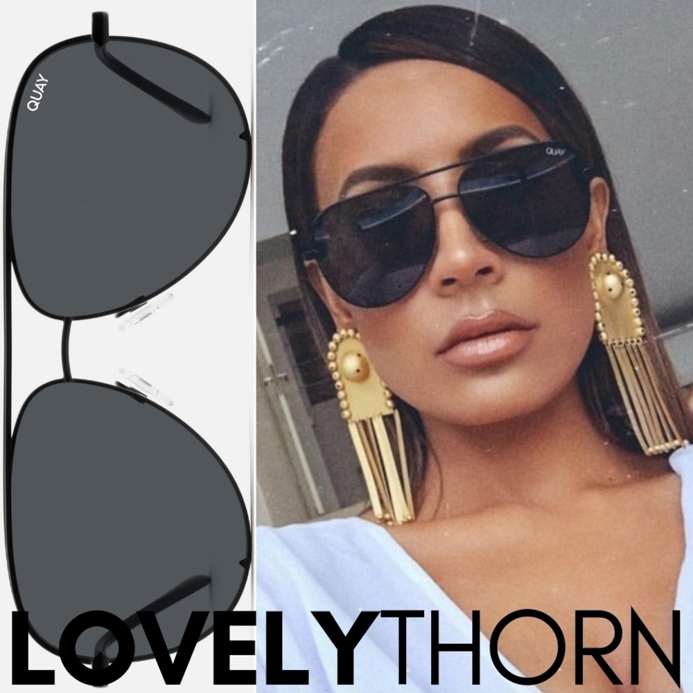 QUAY // desi perkins collab MINI black frames black polarized lens aviators
